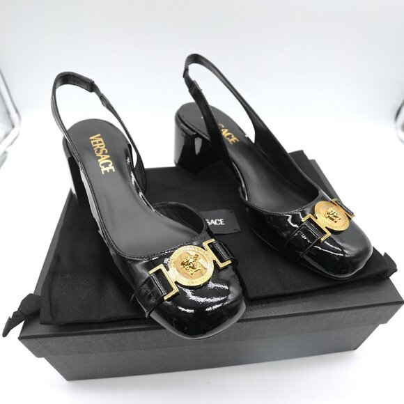 Versace Medusa Black Patent Leather Slingback Heels Size EU 37